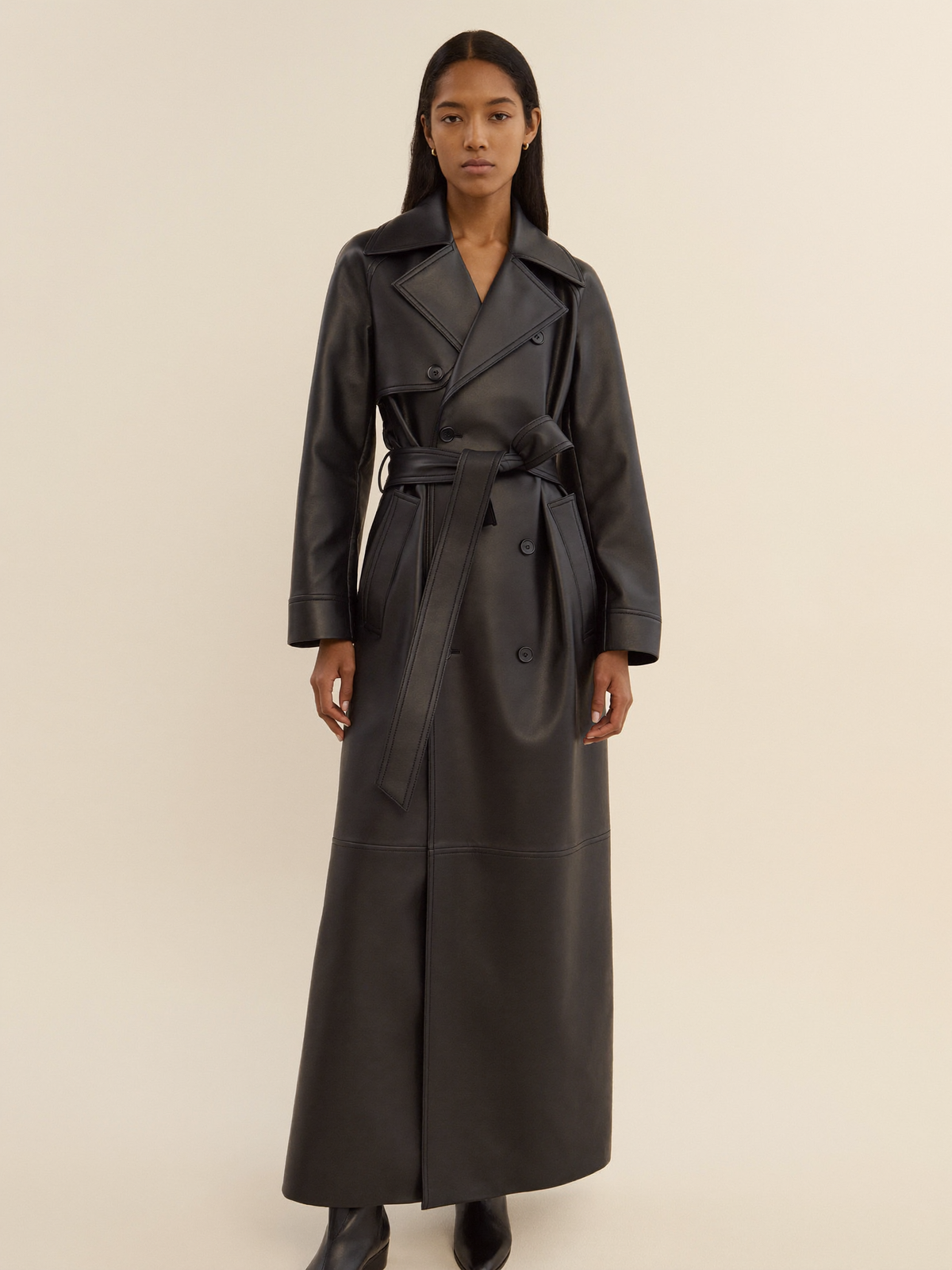 Women's Faux Leather Trench Coat with Wide Lapels, Belted Waist and Double-Breasted Front - Black