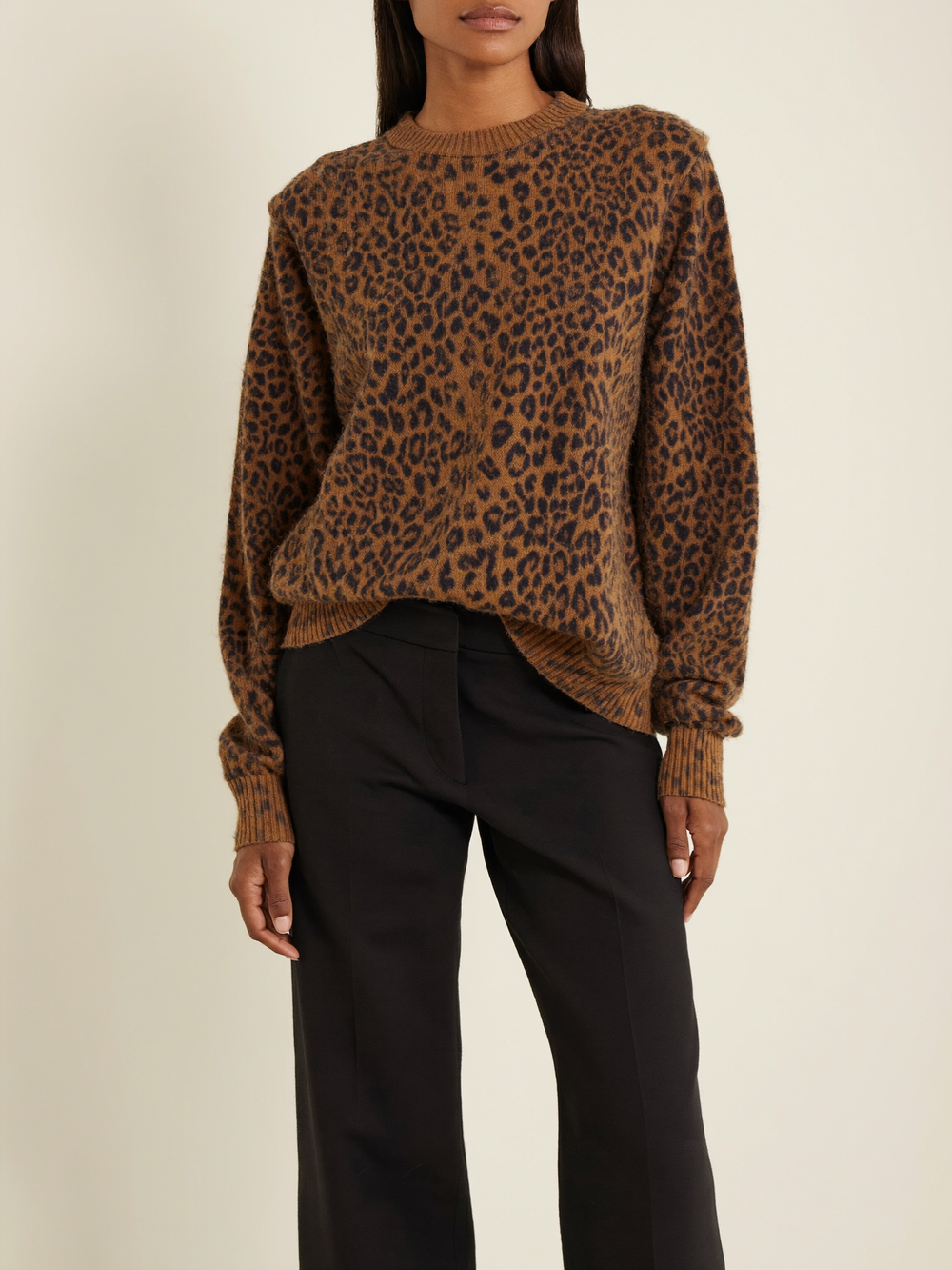 Women's Leopard Print Knit Sweater with Crew Neckline, Ribbed Cuffs and Relaxed Fit - Brown Leopard