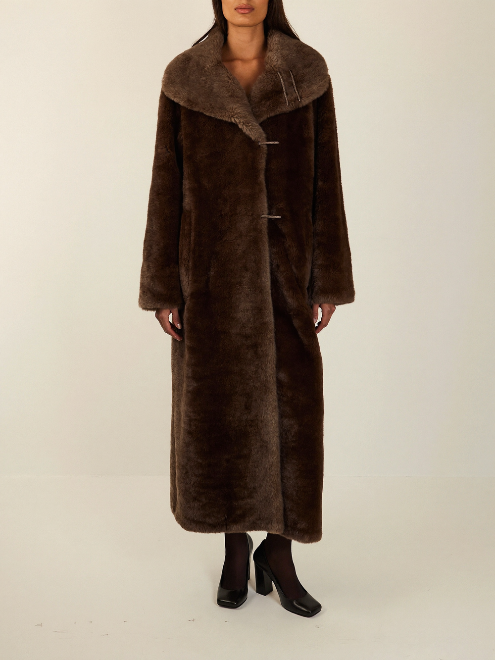 Women's Long Faux Fur Coat with Shawl Collar, Hook Closure and Satin Lining for Winter - Chocolate Brown