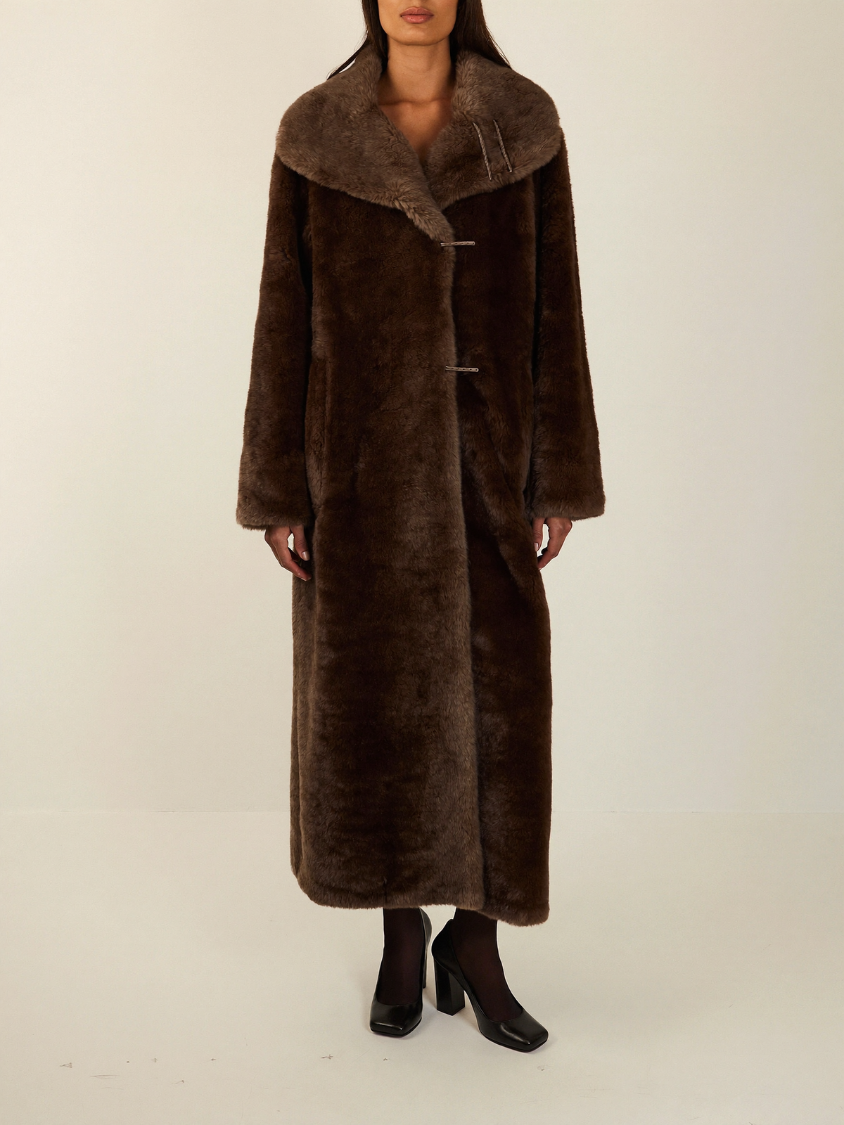 Women's Long Faux Fur Coat with Shawl Collar, Hook Closure and Satin Lining for Winter - Chocolate Brown