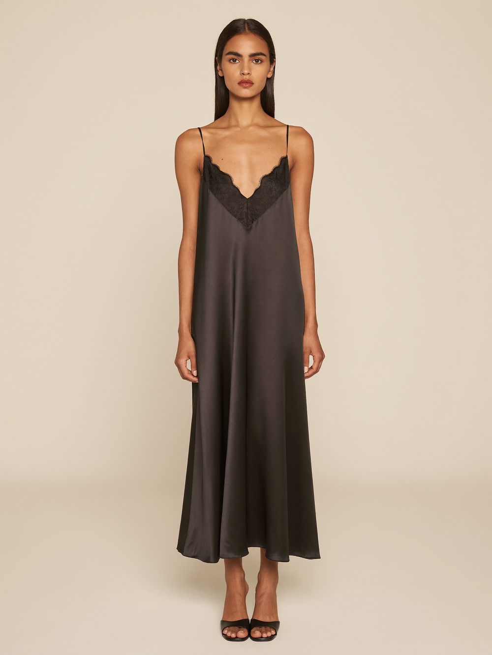Women's Satin Slip Dress with Lace Trim V-Neckline, Bias-Cut Midi Skirt and Thin Straps - Black