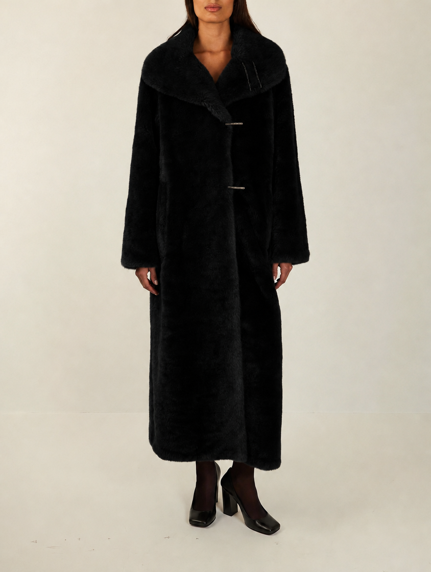 Women's Long Faux Fur Coat with Shawl Collar, Hook Closure and Satin Lining for Winter - Black
