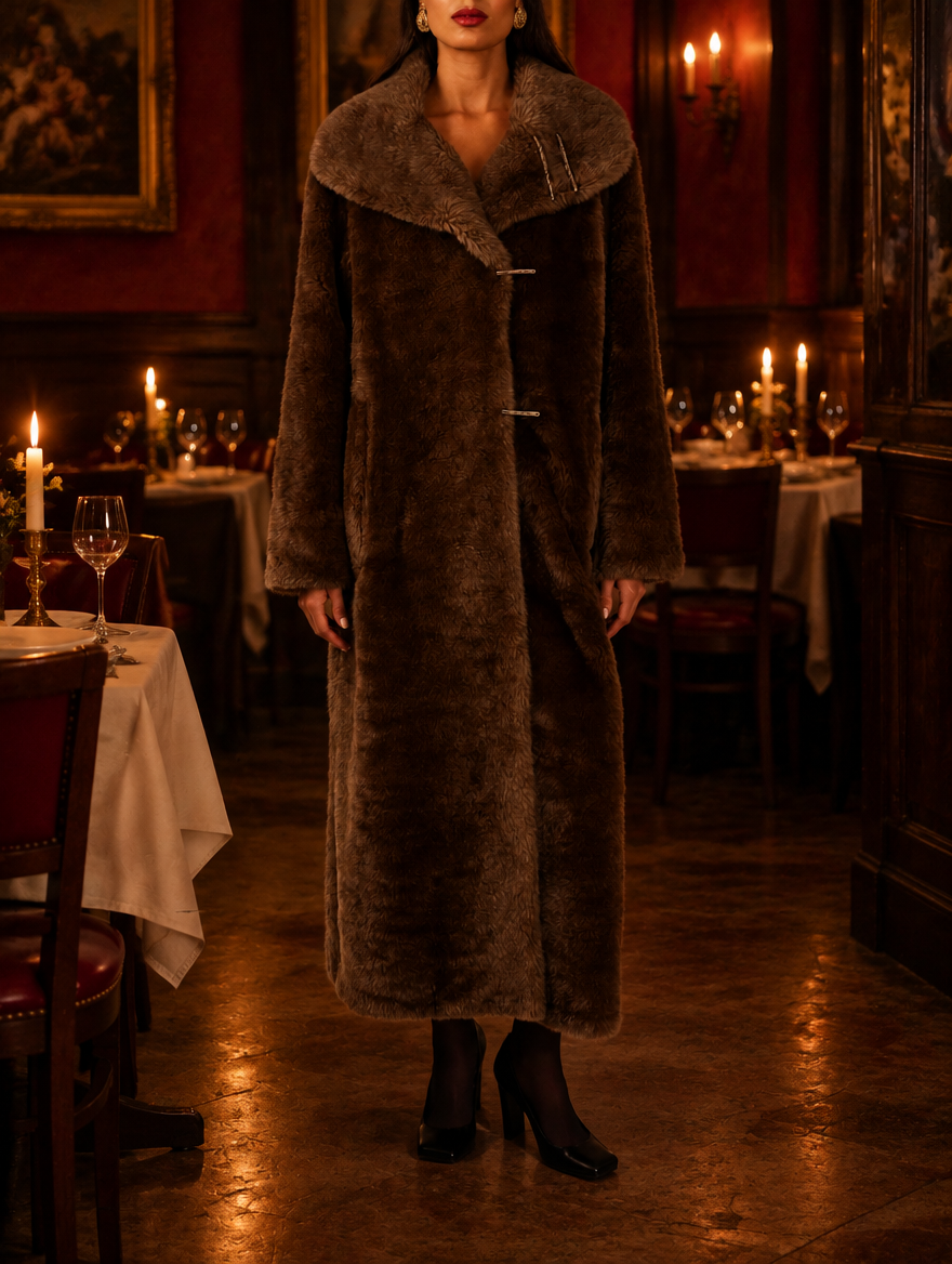 Women's Long Faux Fur Coat with Shawl Collar, Hook Closure and Satin Lining for Winter - Chocolate Brown 2