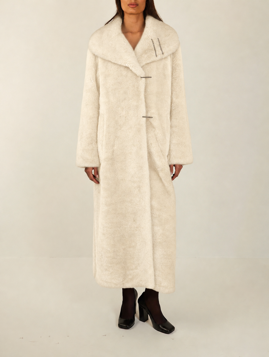 Women's Long Faux Fur Coat with Shawl Collar, Hook Closure and Satin Lining for Winter - Ivory