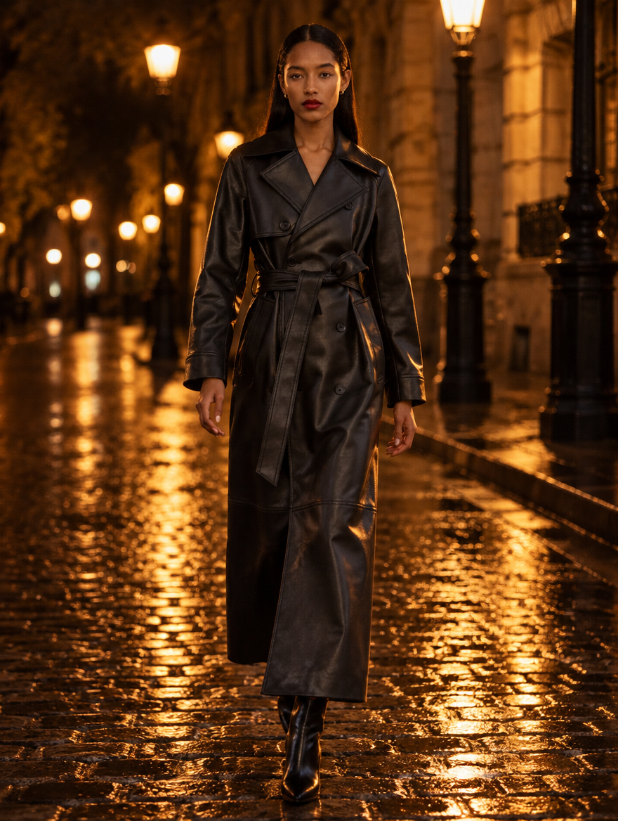 Women's Faux Leather Trench Coat with Wide Lapels, Belted Waist and Double-Breasted Front - Black 2
