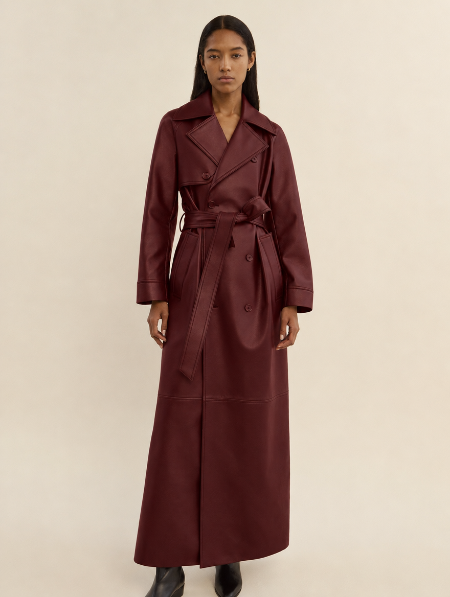 Women's Faux Leather Trench Coat with Wide Lapels, Belted Waist and Double-Breasted Front - Oxblood
