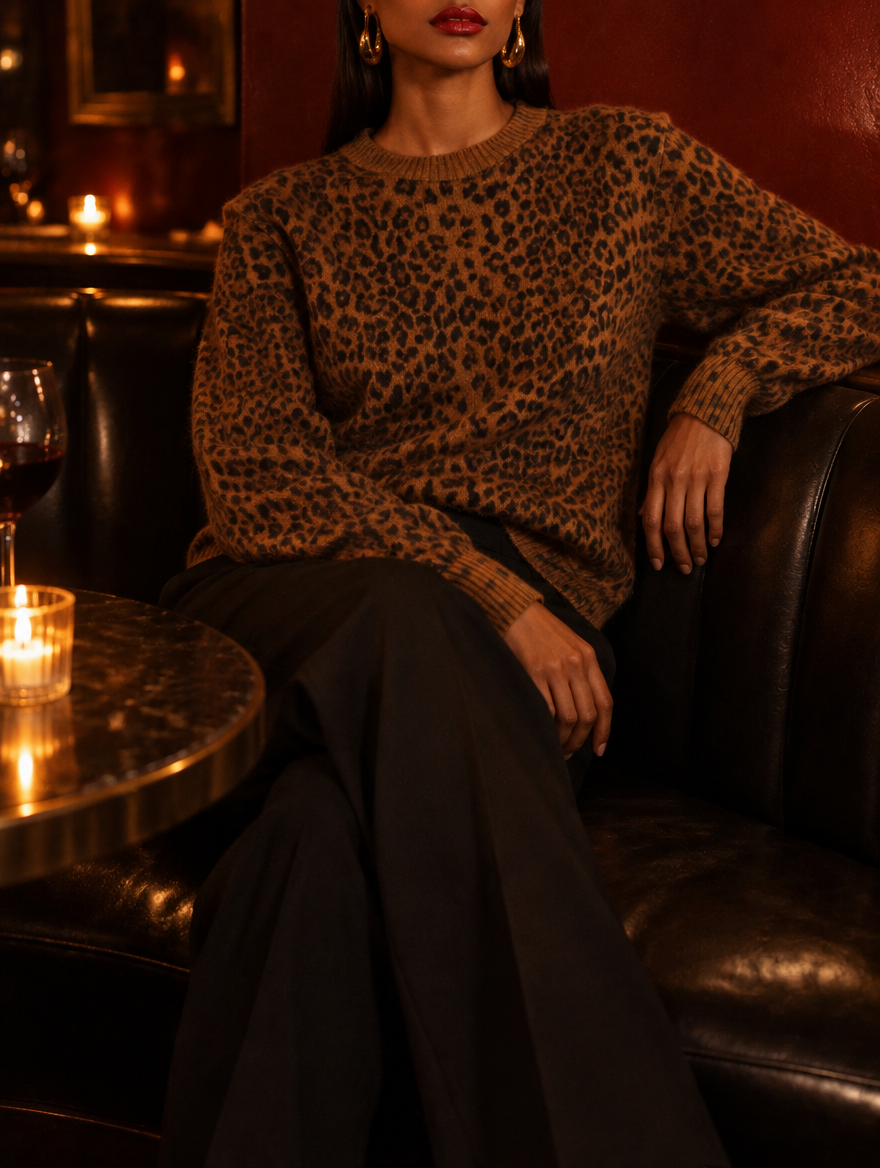 Women's Leopard Print Knit Sweater with Crew Neckline, Ribbed Cuffs and Relaxed Fit - Brown Leopard 2