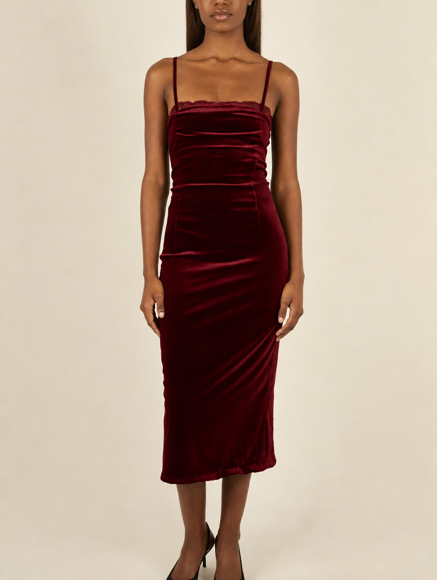 Women's Velvet Midi Dress with Lace Trim Sweetheart Neckline and Adjustable Spaghetti Straps - Wine Red