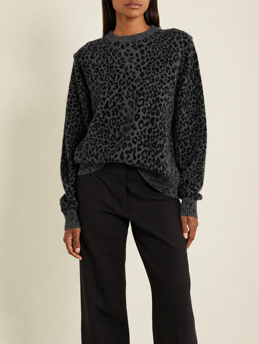 Women's Leopard Print Knit Sweater with Crew Neckline, Ribbed Cuffs and Relaxed Fit - Black Leopard