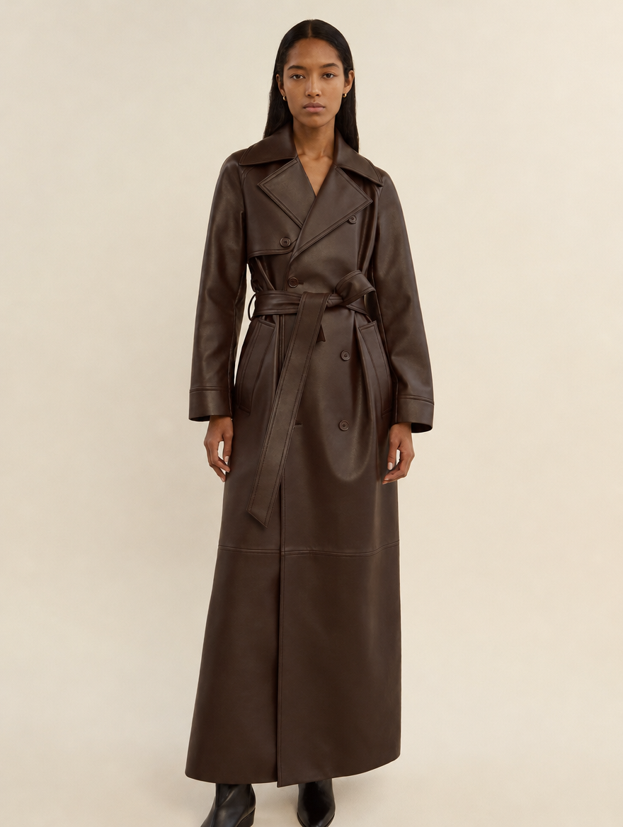 Women's Faux Leather Trench Coat with Wide Lapels, Belted Waist and Double-Breasted Front - Chocolate Brown