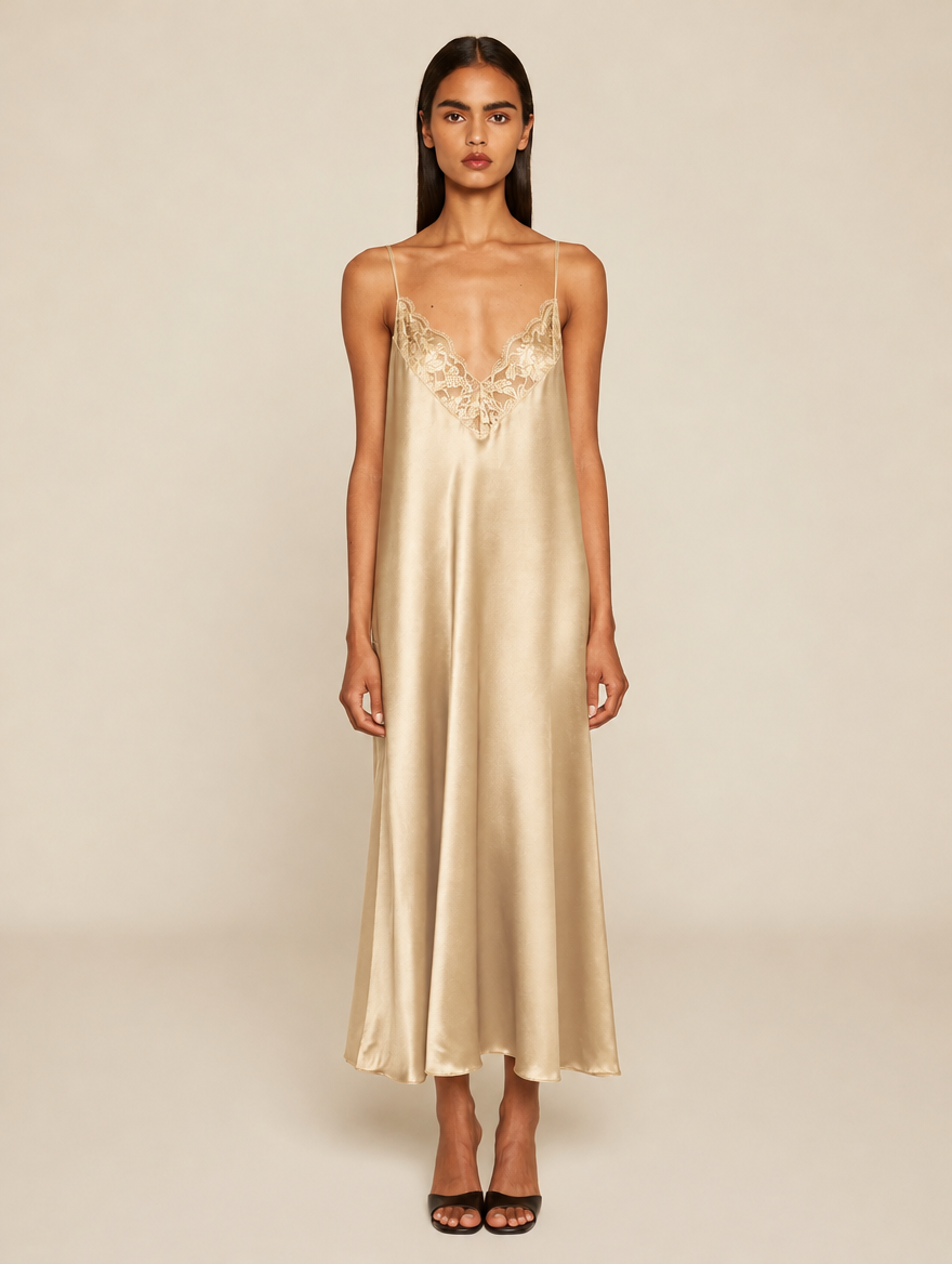 Women's Satin Slip Dress with Lace Trim V-Neckline, Bias-Cut Midi Skirt and Thin Straps - Champagne