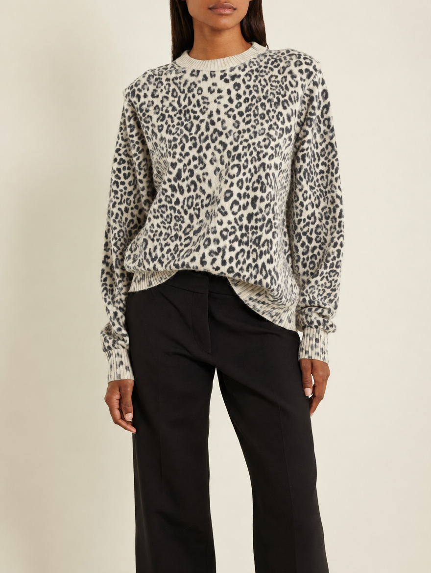 Women's Leopard Print Knit Sweater with Crew Neckline, Ribbed Cuffs and Relaxed Fit - Snow Leopard