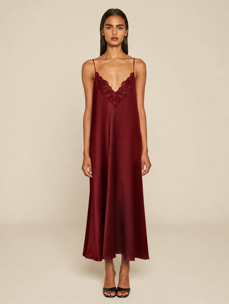 Women's Satin Slip Dress with Lace Trim V-Neckline, Bias-Cut Midi Skirt and Thin Straps - Wine Red