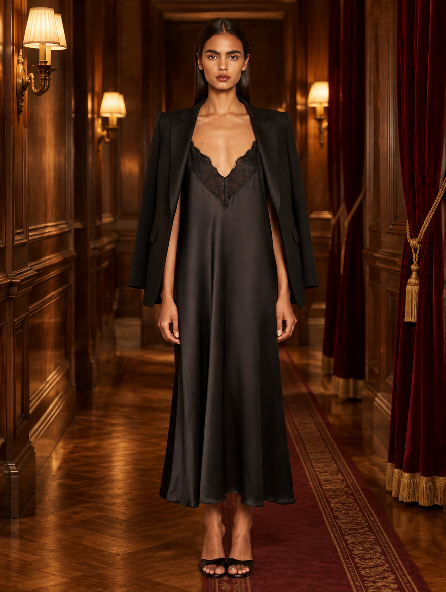 Women's Satin Slip Dress with Lace Trim V-Neckline, Bias-Cut Midi Skirt and Thin Straps - Black 2