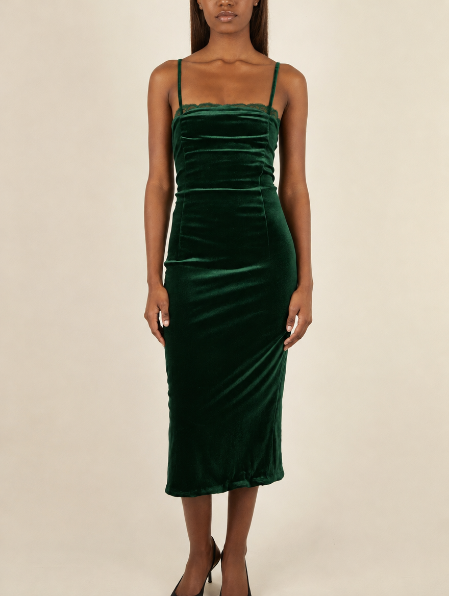 Women's Velvet Midi Dress with Lace Trim Sweetheart Neckline and Adjustable Spaghetti Straps - Forest Green