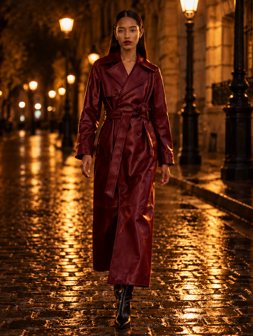Women's Faux Leather Trench Coat with Wide Lapels, Belted Waist and Double-Breasted Front - Oxblood 2