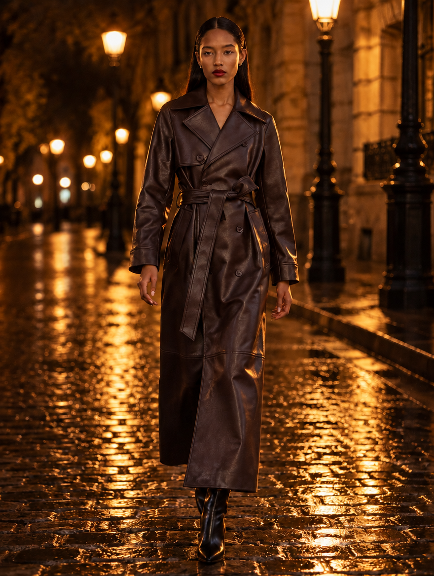 Women's Faux Leather Trench Coat with Wide Lapels, Belted Waist and Double-Breasted Front - Chocolate Brown 2