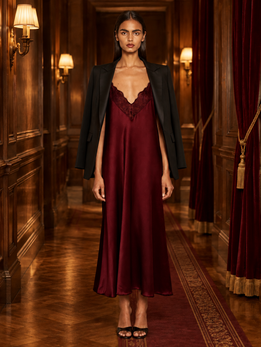 Women's Satin Slip Dress with Lace Trim V-Neckline, Bias-Cut Midi Skirt and Thin Straps - Wine Red 2