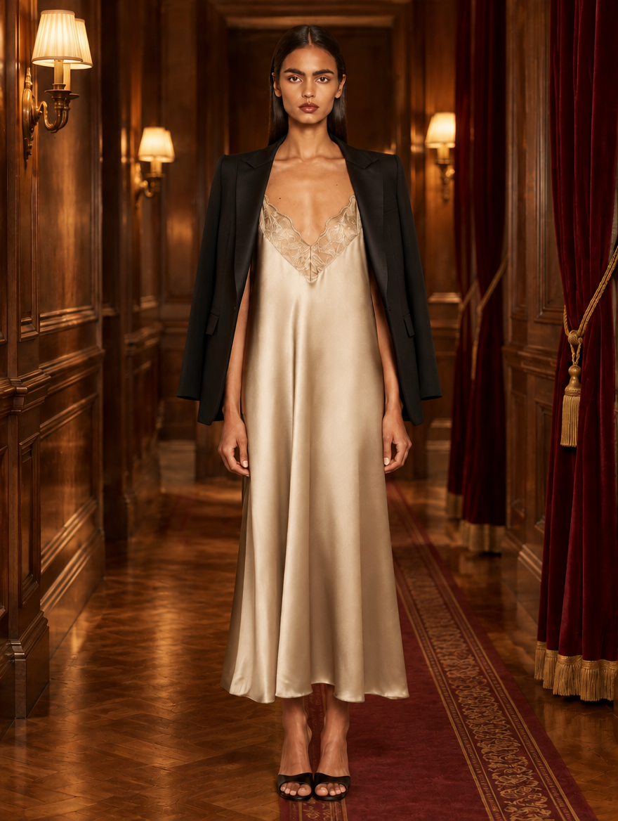 Women's Satin Slip Dress with Lace Trim V-Neckline, Bias-Cut Midi Skirt and Thin Straps - Champagne 2