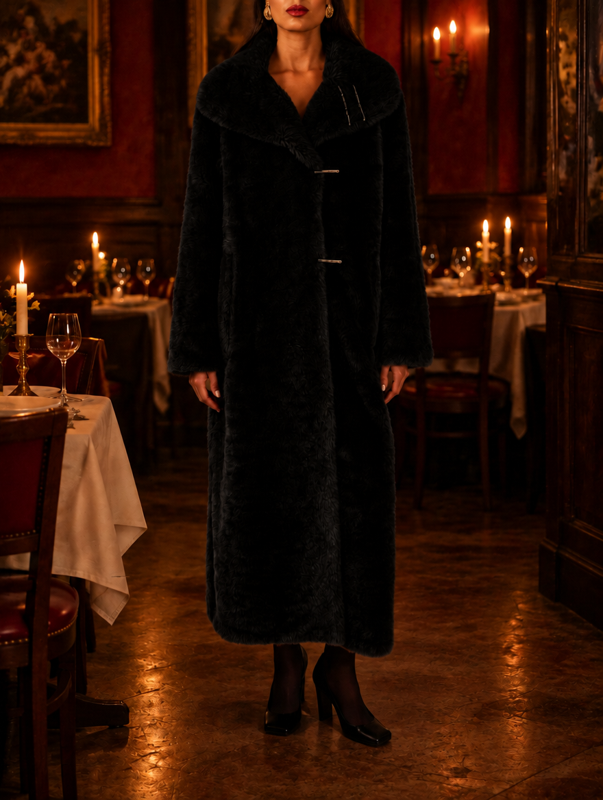 Women's Long Faux Fur Coat with Shawl Collar, Hook Closure and Satin Lining for Winter - Black 2