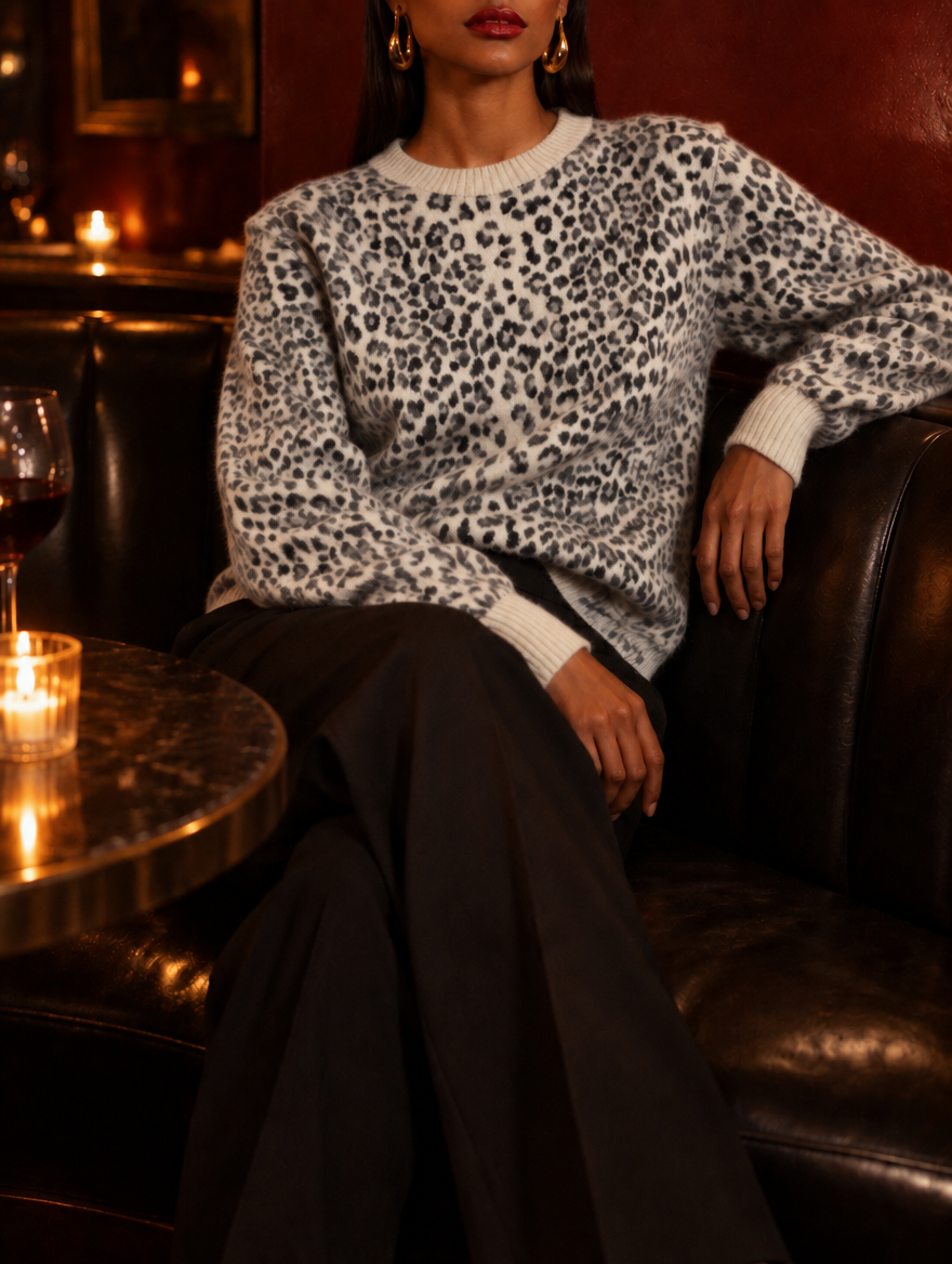Women's Leopard Print Knit Sweater with Crew Neckline, Ribbed Cuffs and Relaxed Fit - Snow Leopard 2