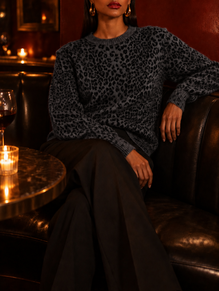 Women's Leopard Print Knit Sweater with Crew Neckline, Ribbed Cuffs and Relaxed Fit - Black Leopard 2